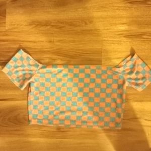 So pink and blue checkered off shoulder crop top size large